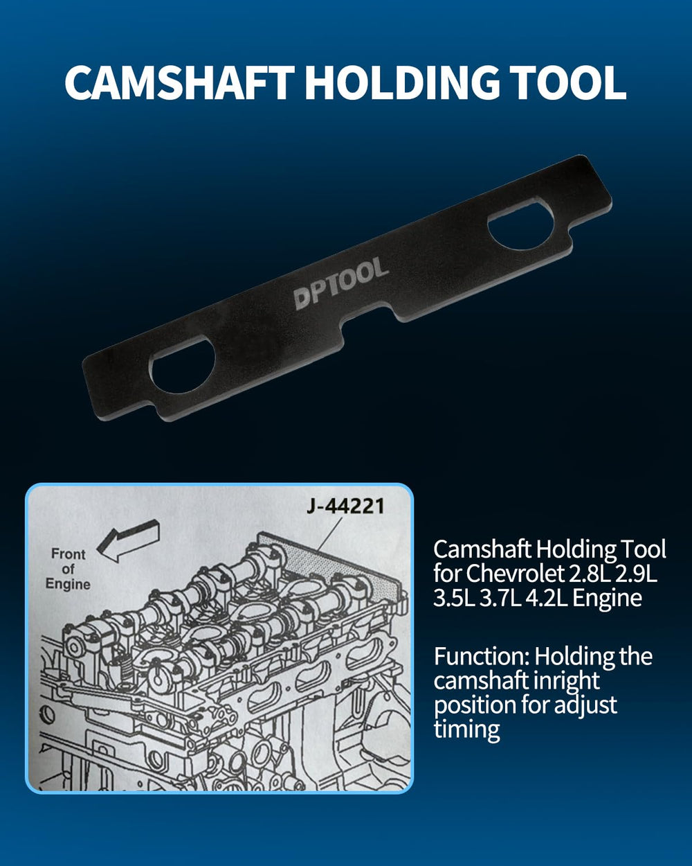 DPTOOL assorted tools arranged next to a GM engine showing workshop use