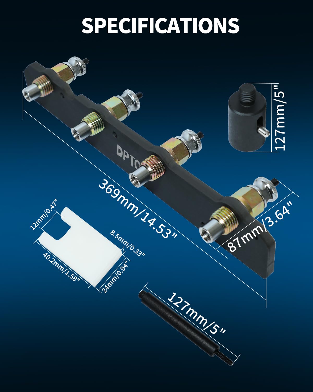 DPTOOL tools laid next to ruler for scale, conveys correct sizes for B36 B38 B48 B58 engines