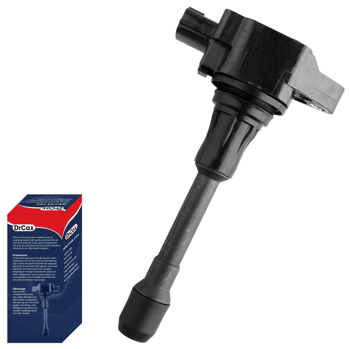 DrCax ignition coil front packaging showing model and fitment benefits