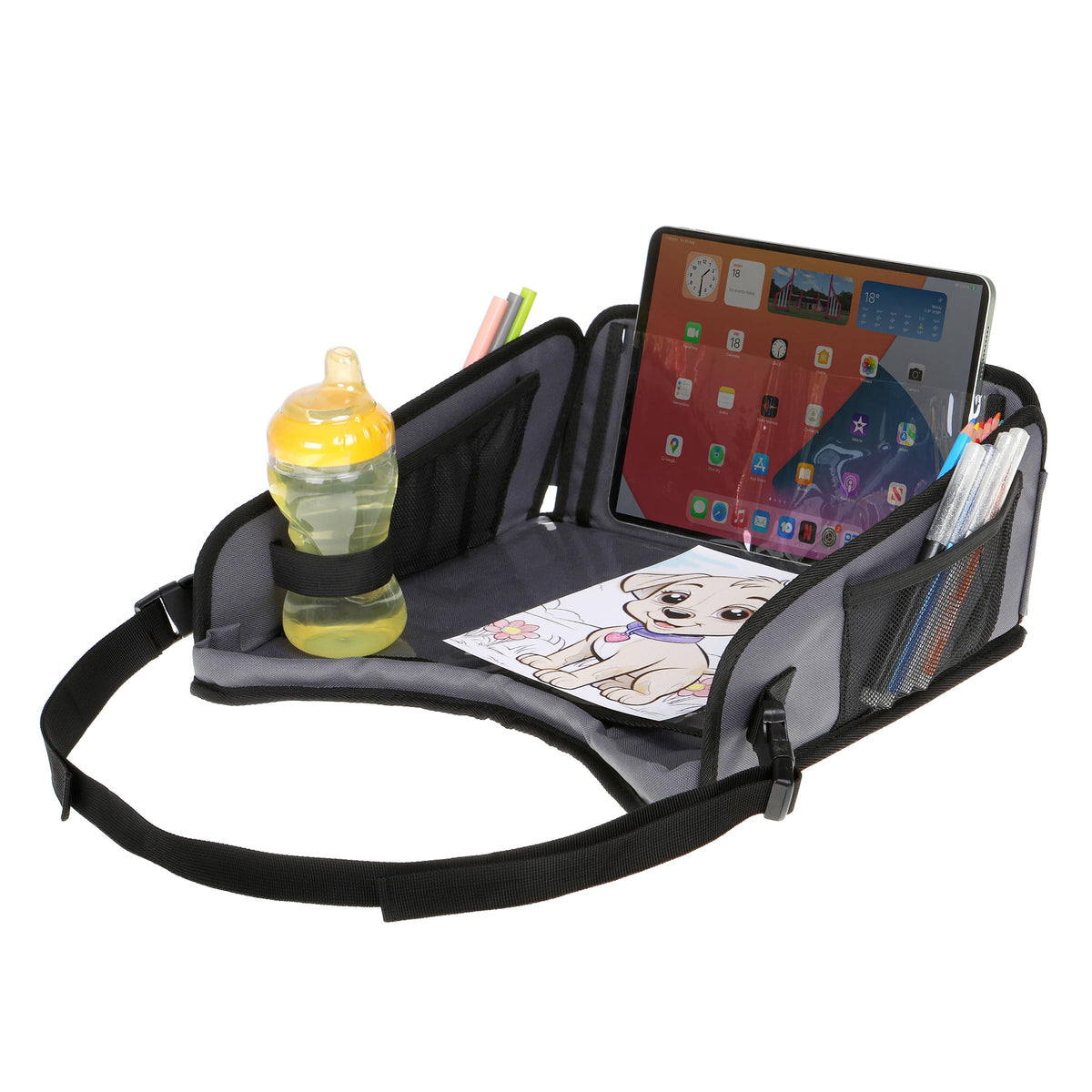 Dreambaby front view of tray showing organized pockets and surface for travel use