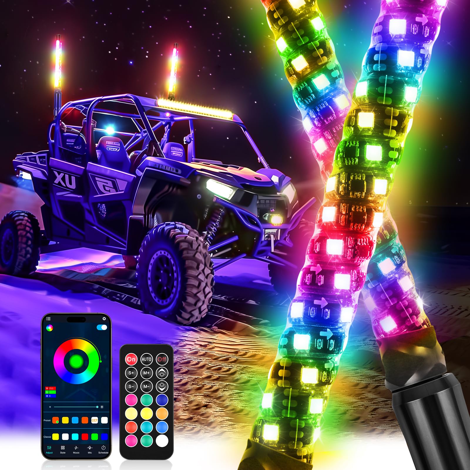 DREAMOTOR front packaging showing two 1ft RGB whip lights and benefits