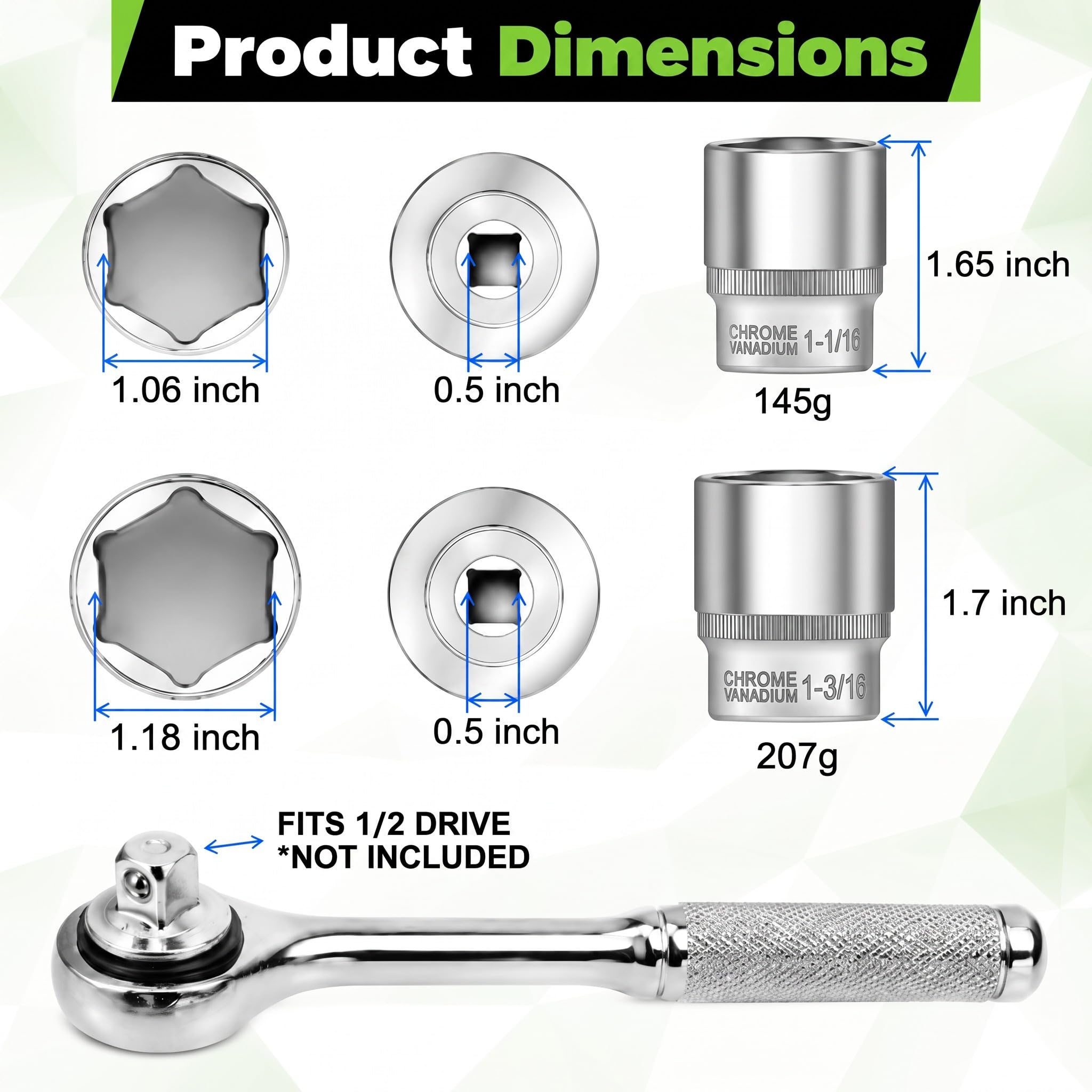 Dreyoo close-up of 6-point socket hex profile providing secure grip and reduced rounding