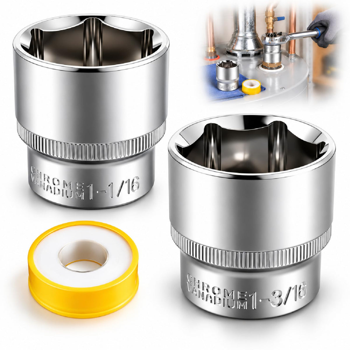 Dreyoo front packaging showing two anode rod sockets and PTFE tape for convenient maintenance