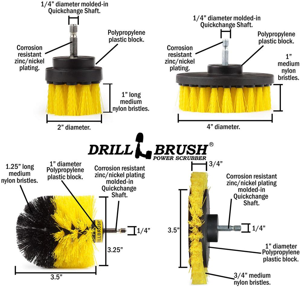 Drillbrush quarter-inch shank detail showing secure fit to cordless drills