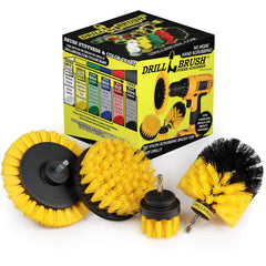 Drillbrush front packaging showing yellow bathroom brush kit and quick-fit benefits