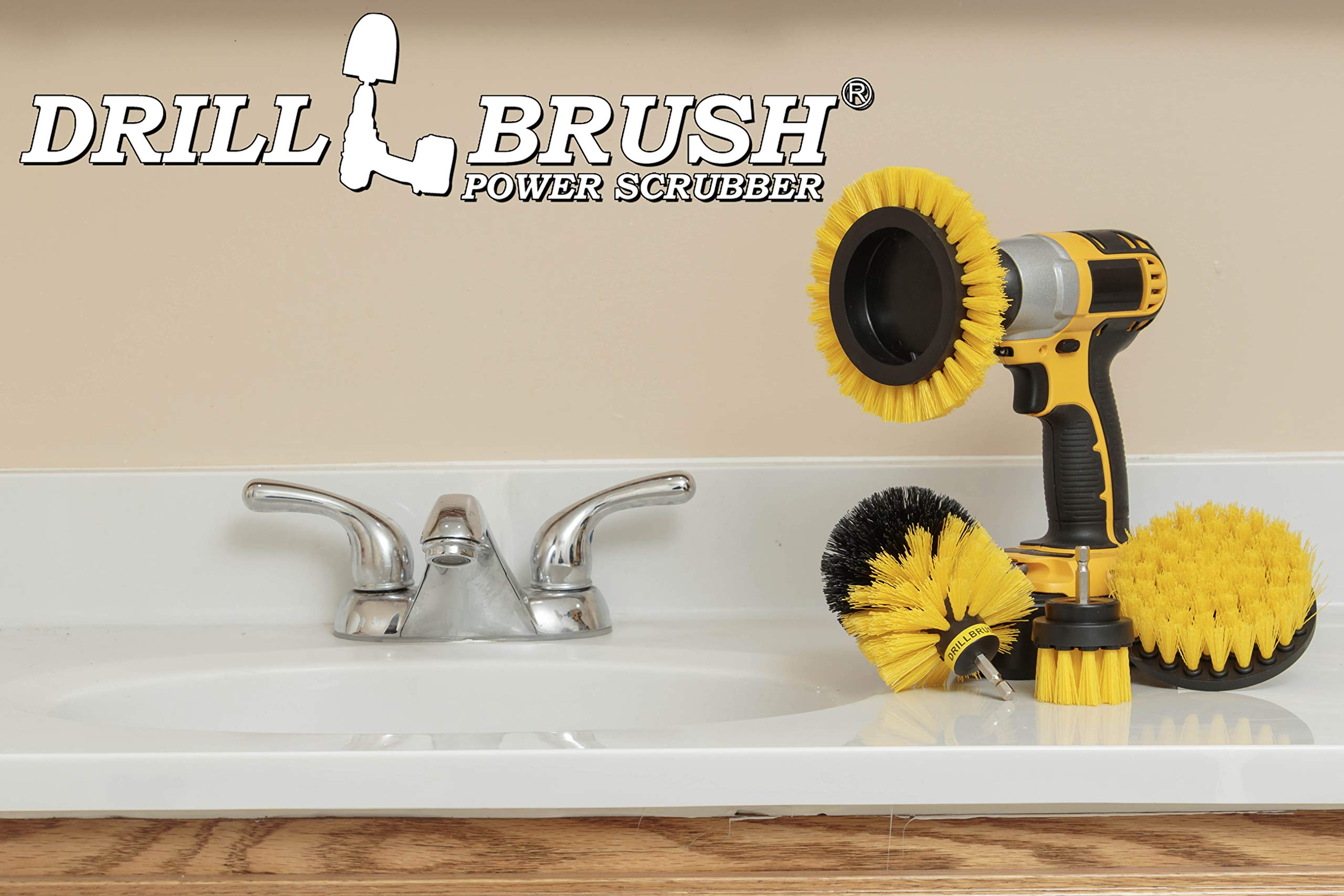 Drillbrush brushes beside a cordless drill to show size and power advantage
