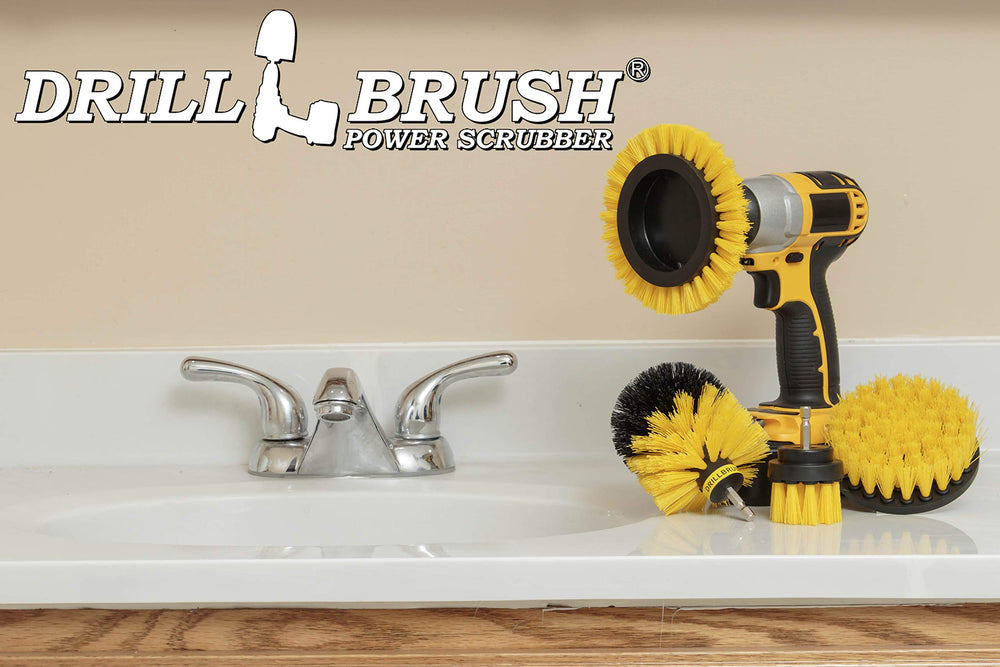 Drillbrush brushes beside a cordless drill to show size and power advantage