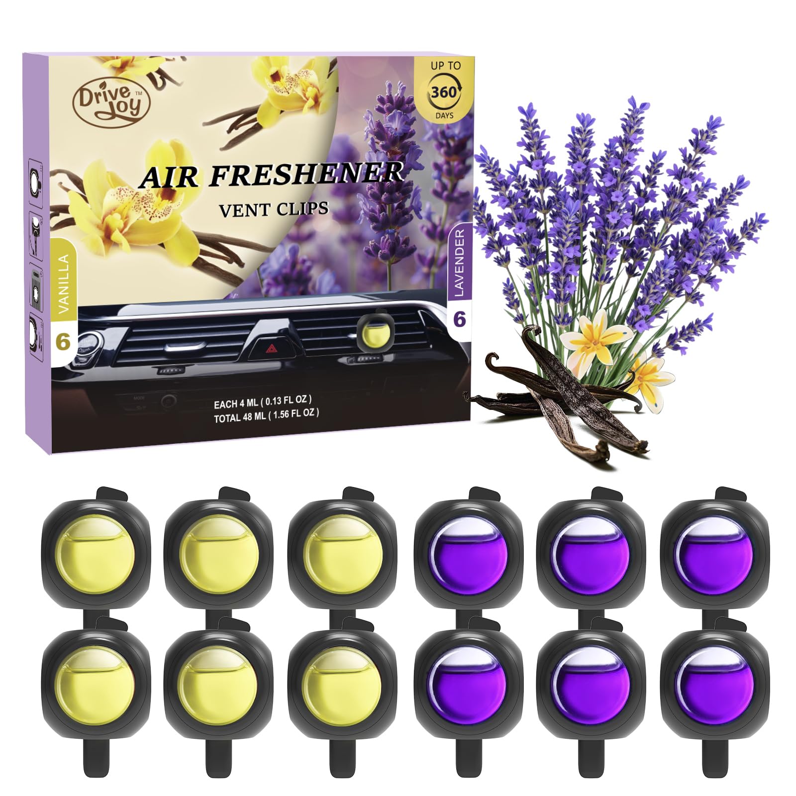 DRIVEJOY front packaging showing 12 vent clips and fragrance variety