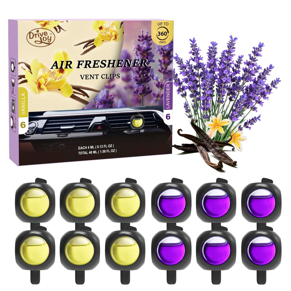 DRIVEJOY front packaging showing 12 vent clips and fragrance variety