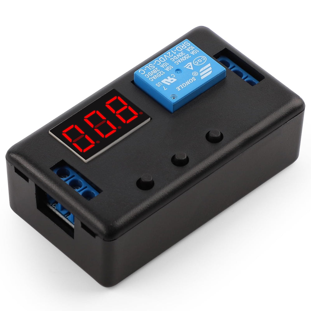 DROK 12V timer relay front panel showing display and buttons for quick setup