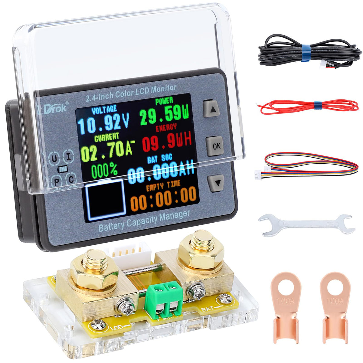 DROK front panel display showing voltage and amperage for quick system checks