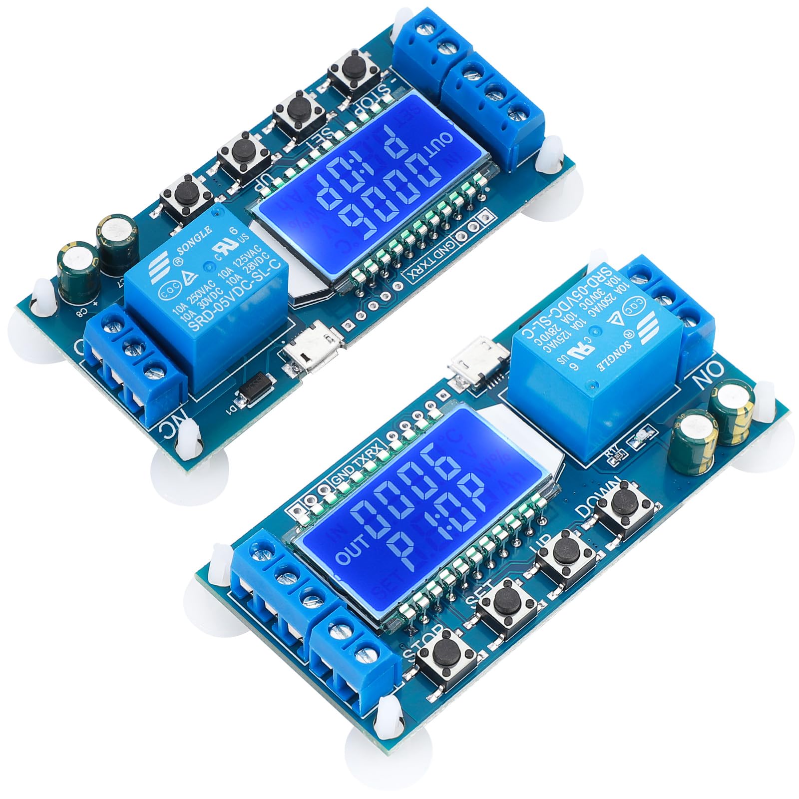 DROK front view of two timer relays showing compact design and benefits