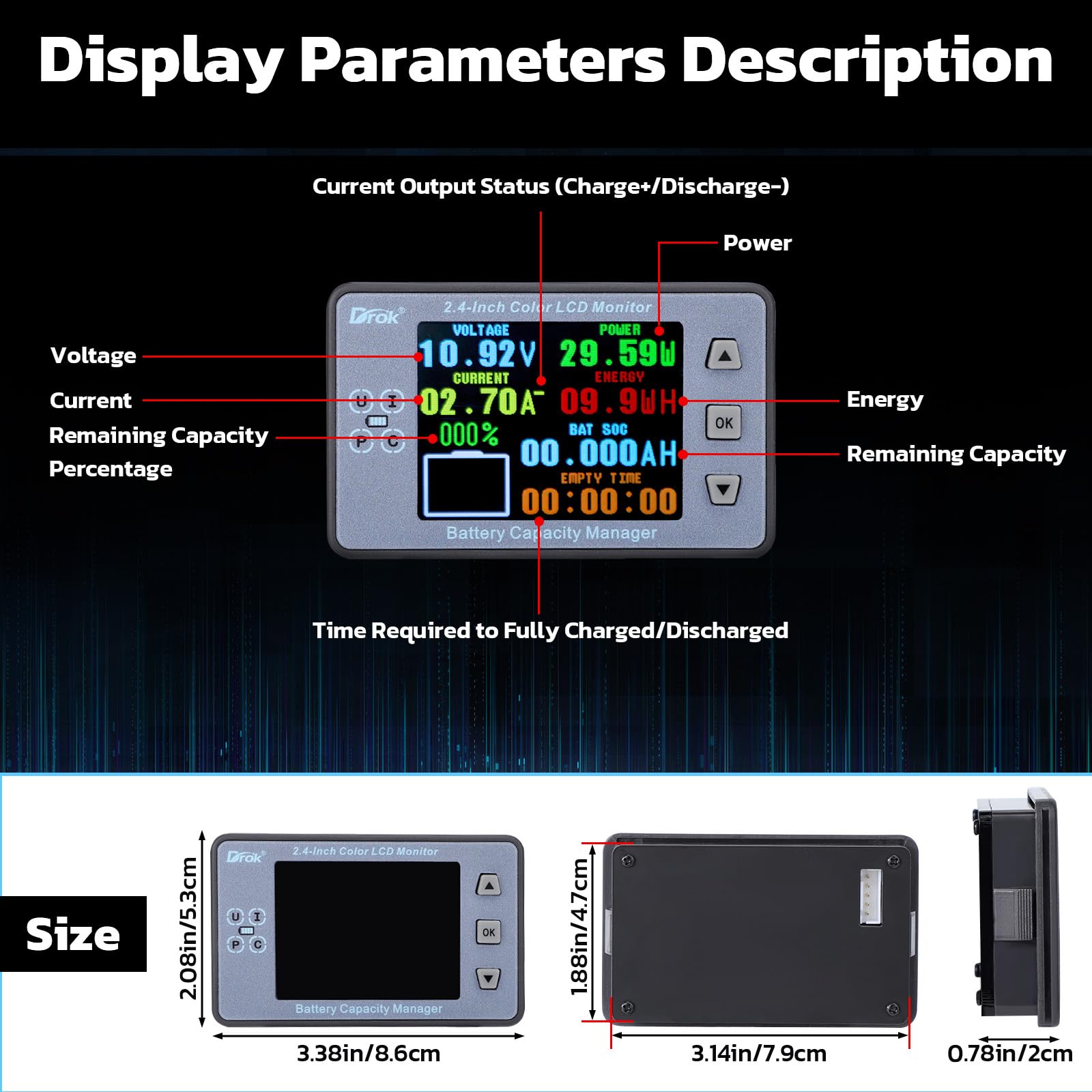 DROK mounted in an RV dashboard for real-time battery and power monitoring