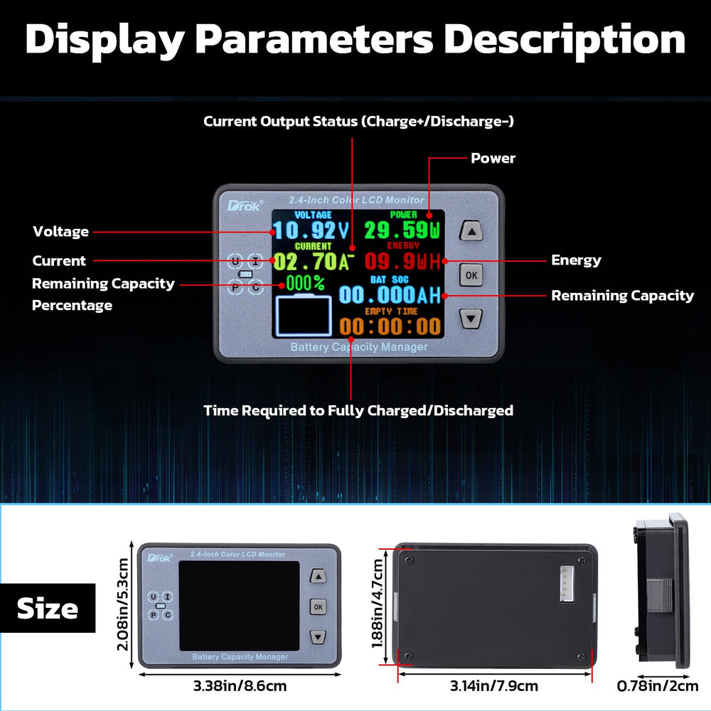 DROK mounted in an RV dashboard for real-time battery and power monitoring