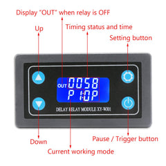 DROK relay LCD display close-up showing timing readout for precise control