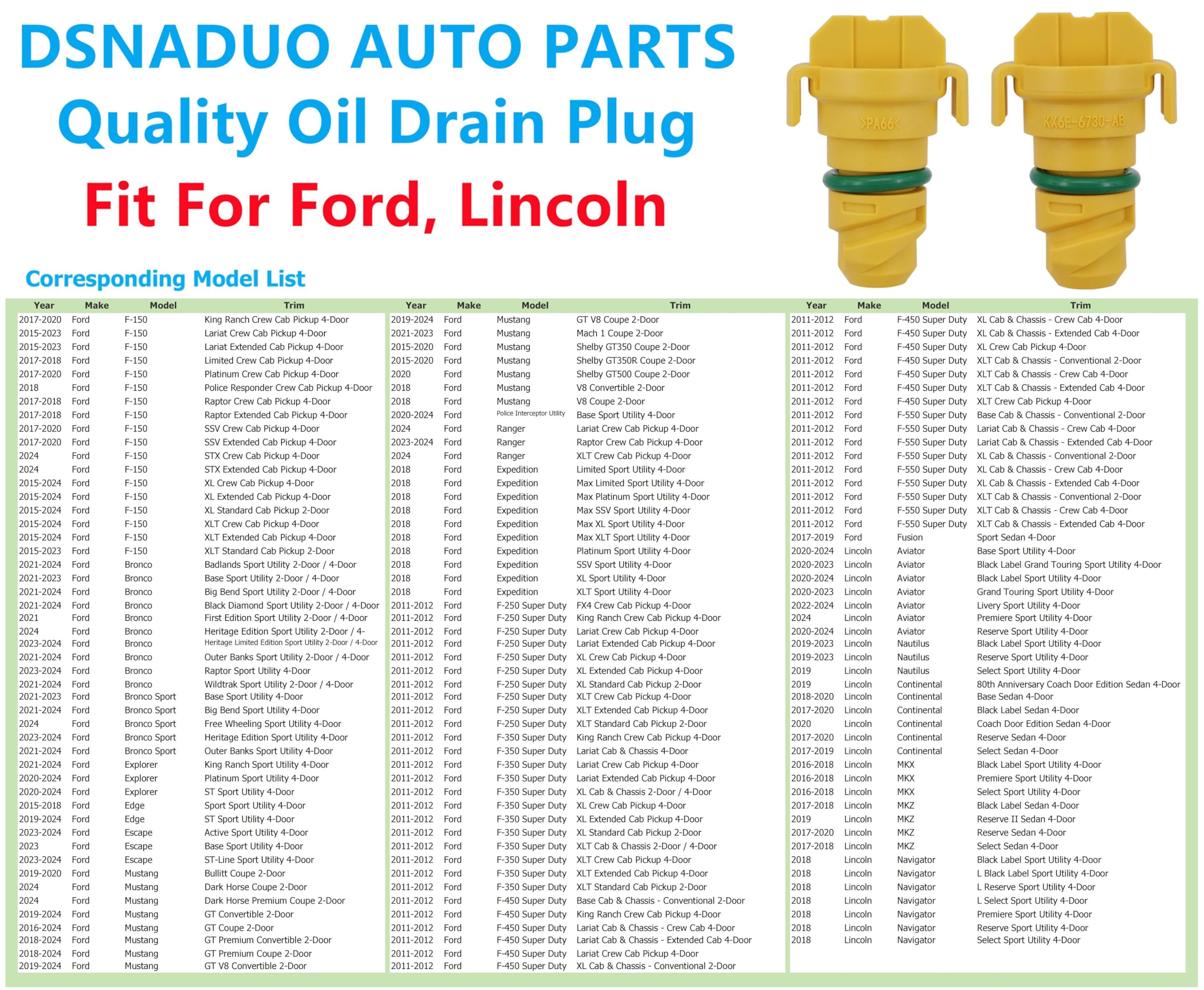 Dsnaduo green sealing washer visible on plug for reliable oil leak prevention
