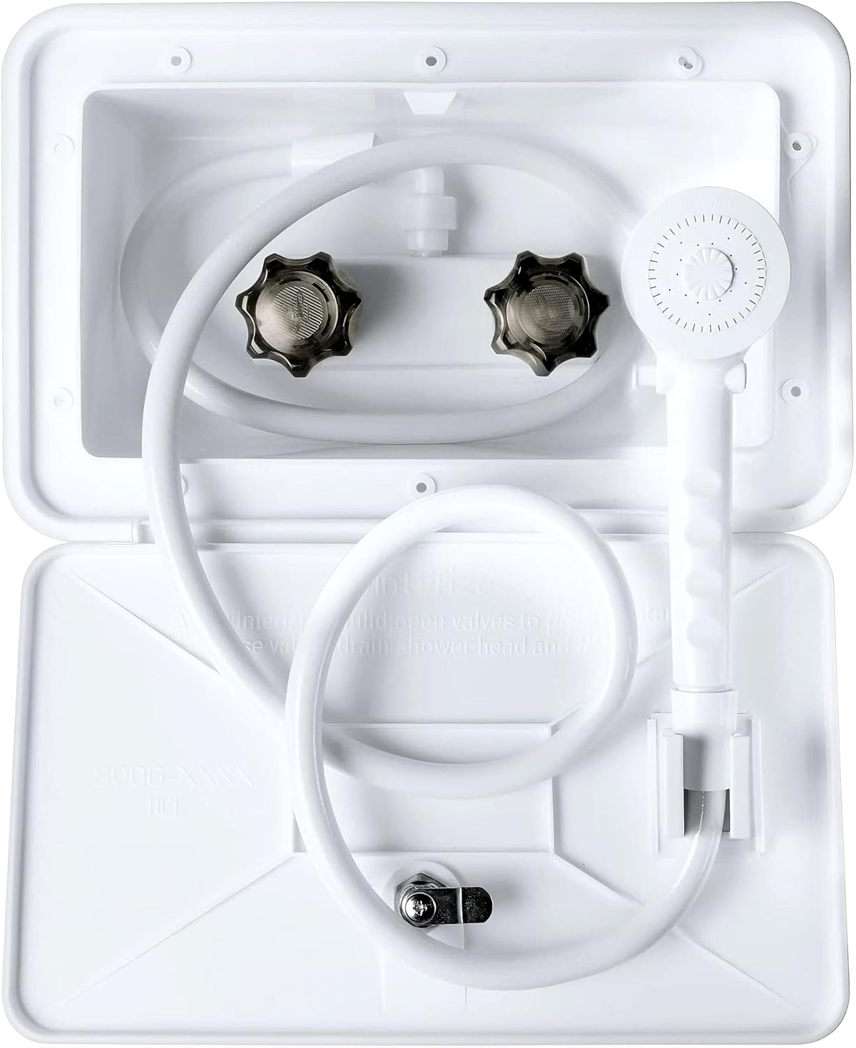 DSRTLP front view of exterior shower box showing compact, protective design and easy access