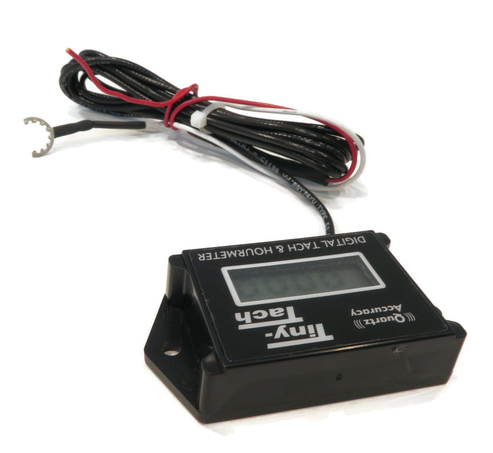 DTI Tiny Tach TT2B mounted on a lawnmower illustrating maintenance tracking benefits