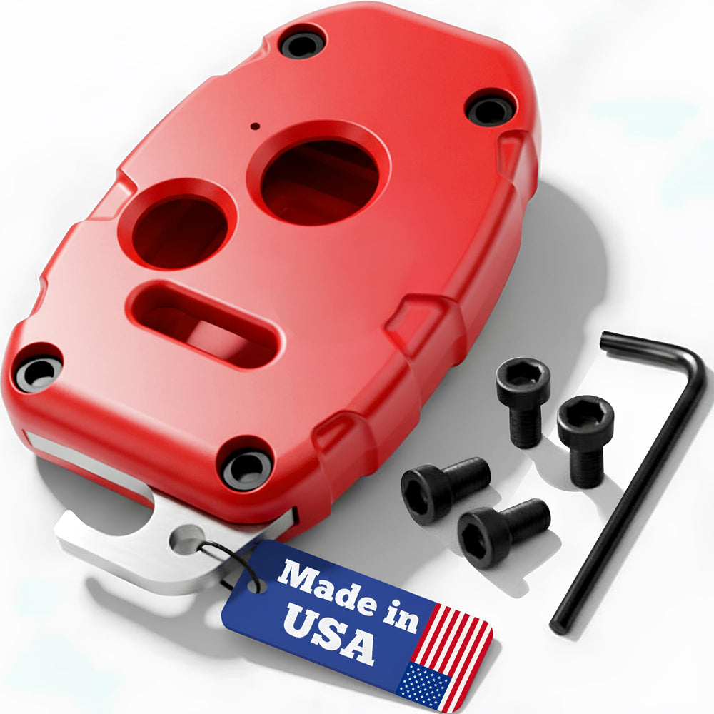 Dubbs Hardware front view showing red 3-button shell and secure fit benefit
