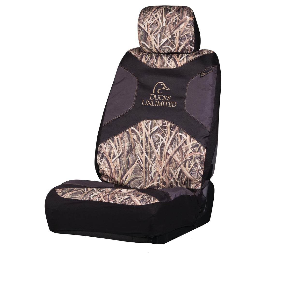 Ducks Unlimited front view seat cover showing full Mossy Oak Blades protection and style