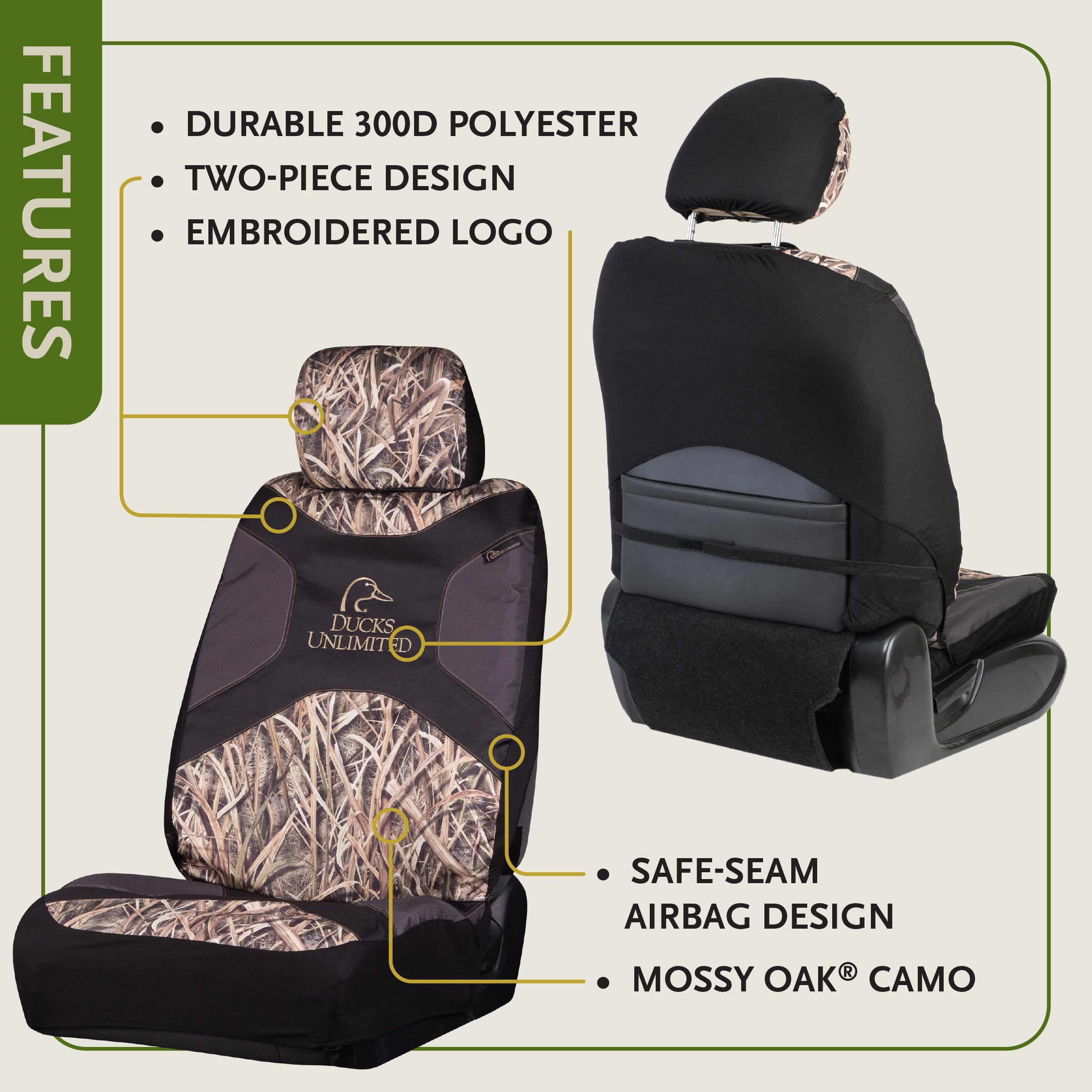 Ducks Unlimited headrest cover close-up with stacked logo and snug fit benefit