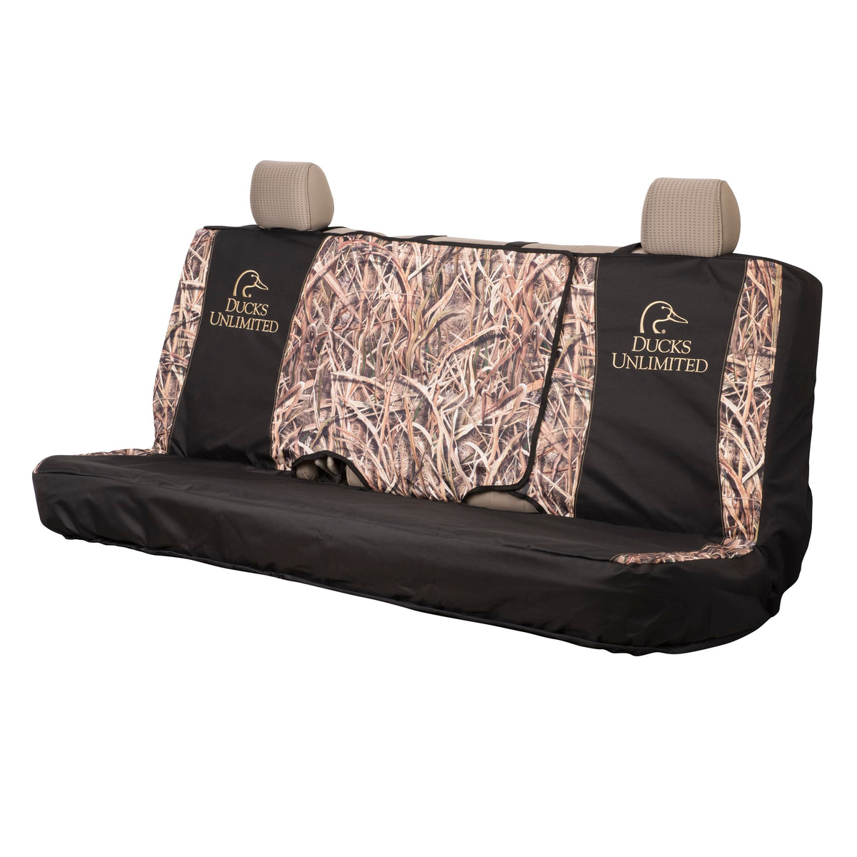 Ducks Unlimited front view of bench seat cover showing fit and logo protection