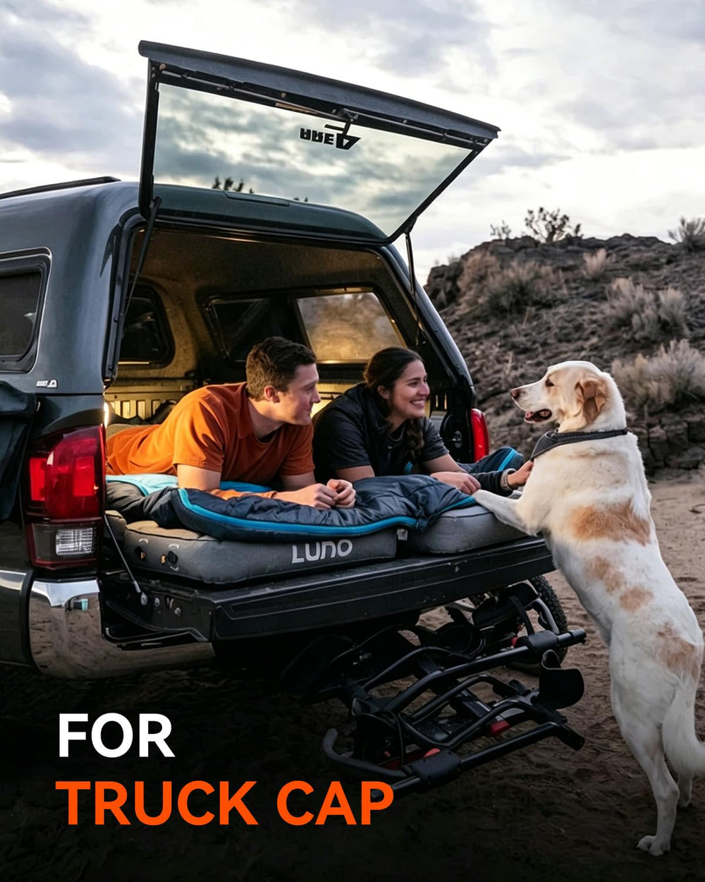 Dukuge supporting open camper shell in outdoor setting showing convenience benefit