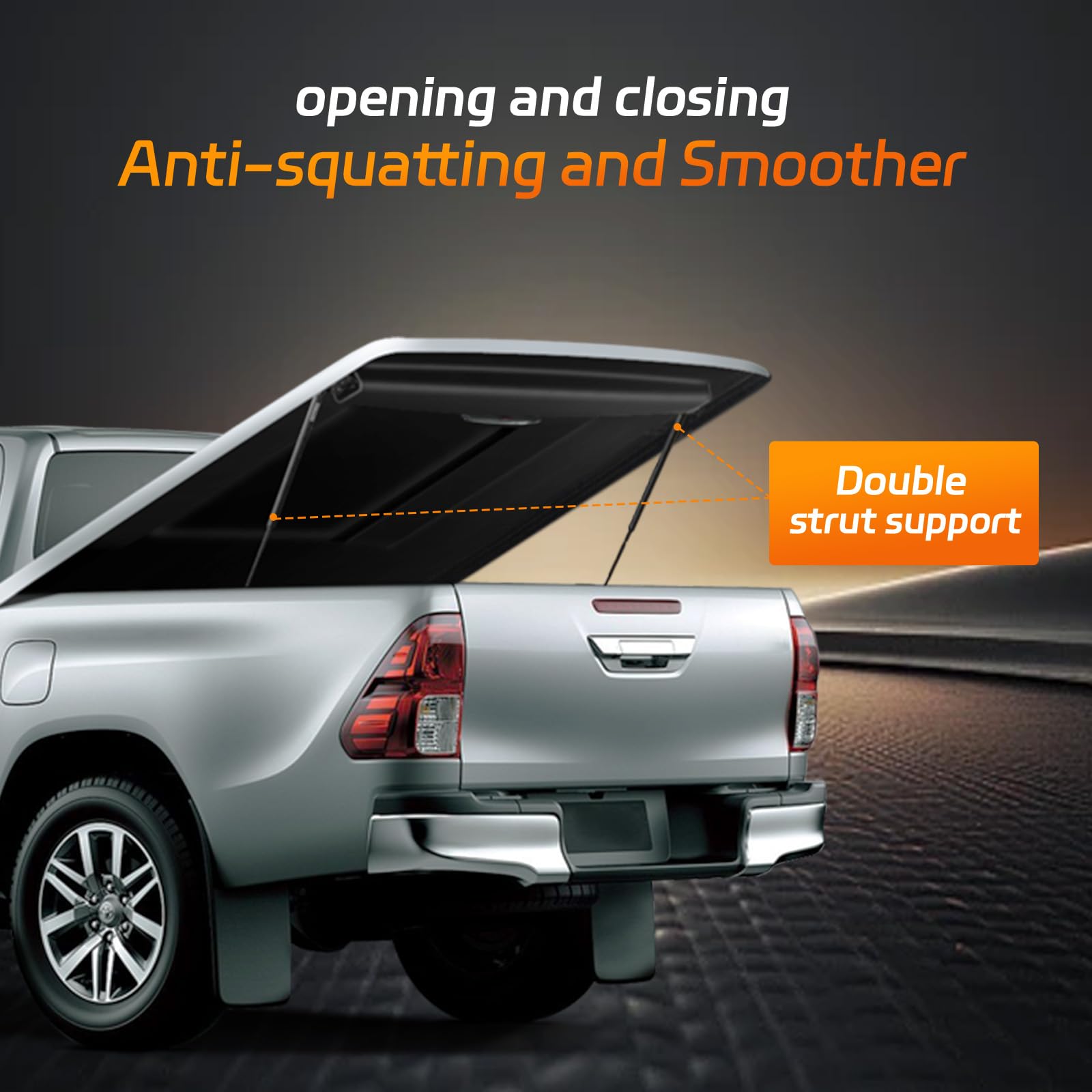 Dukuge strut installed on a truck tonneau cover demonstrating stable support and safe opening