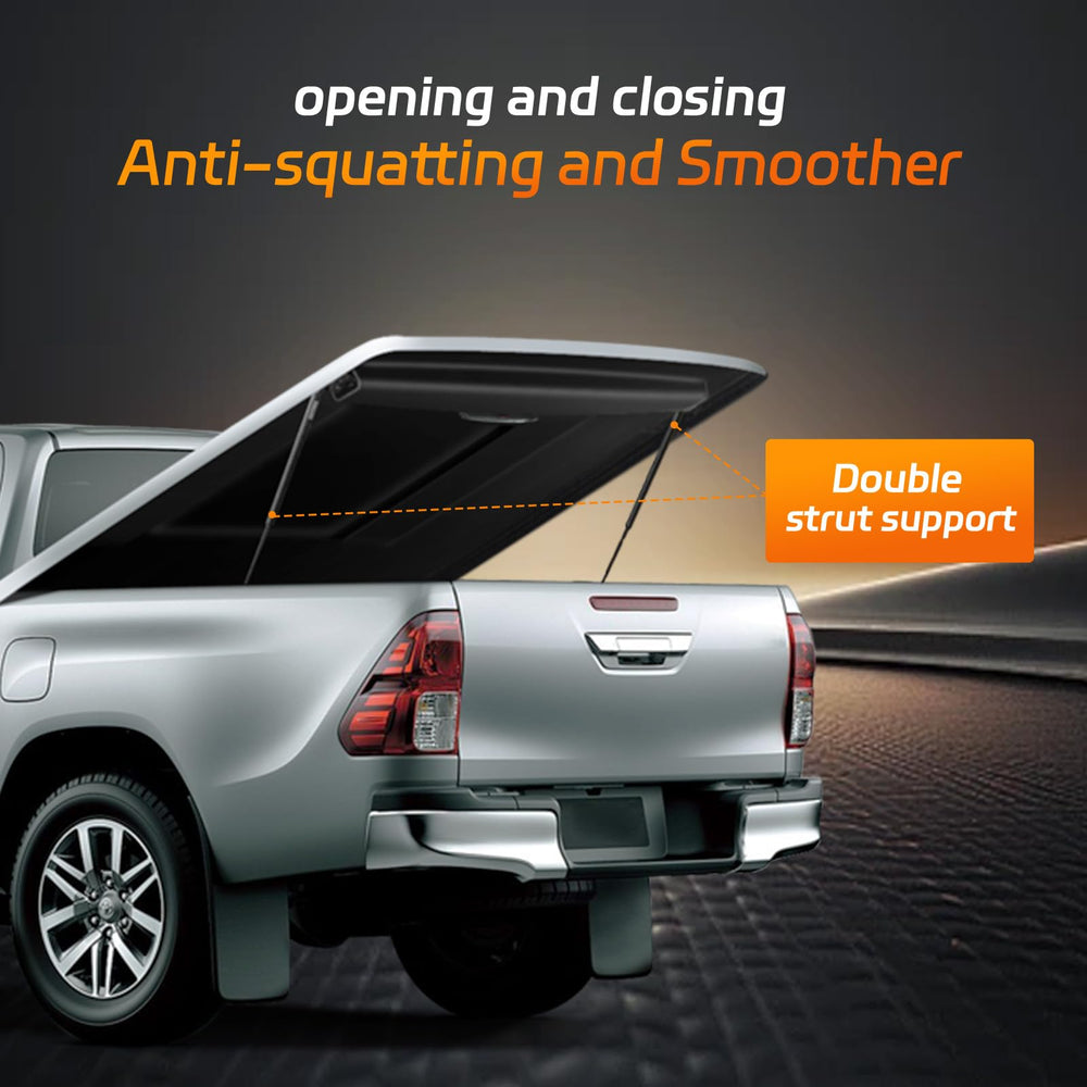 Dukuge strut installed on a truck tonneau cover demonstrating stable support and safe opening