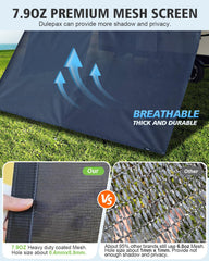 Dulepax elastic bungees and metal stakes securing the screen
