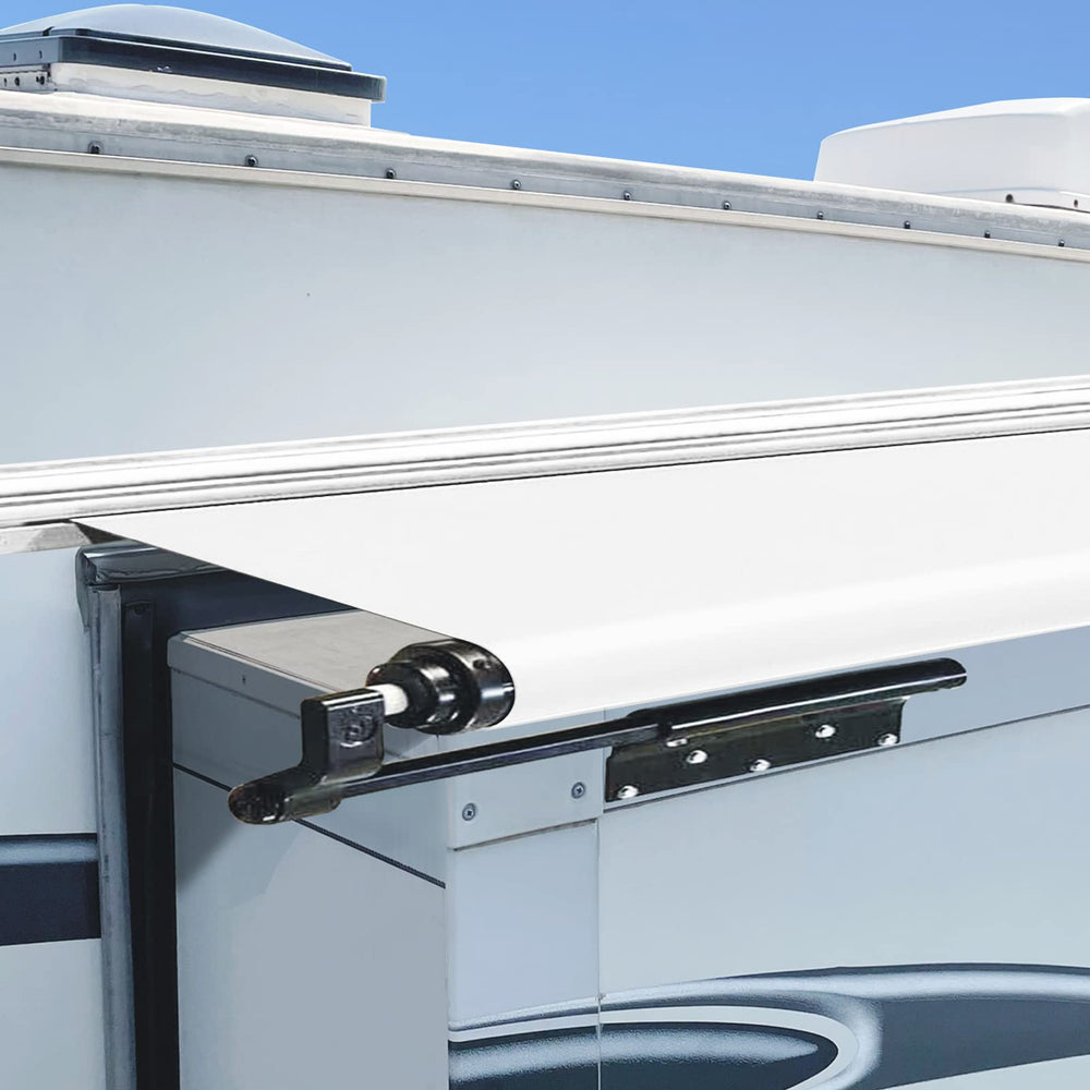 Dulepax front view of white replacement awning fabric showing clean profile and durability