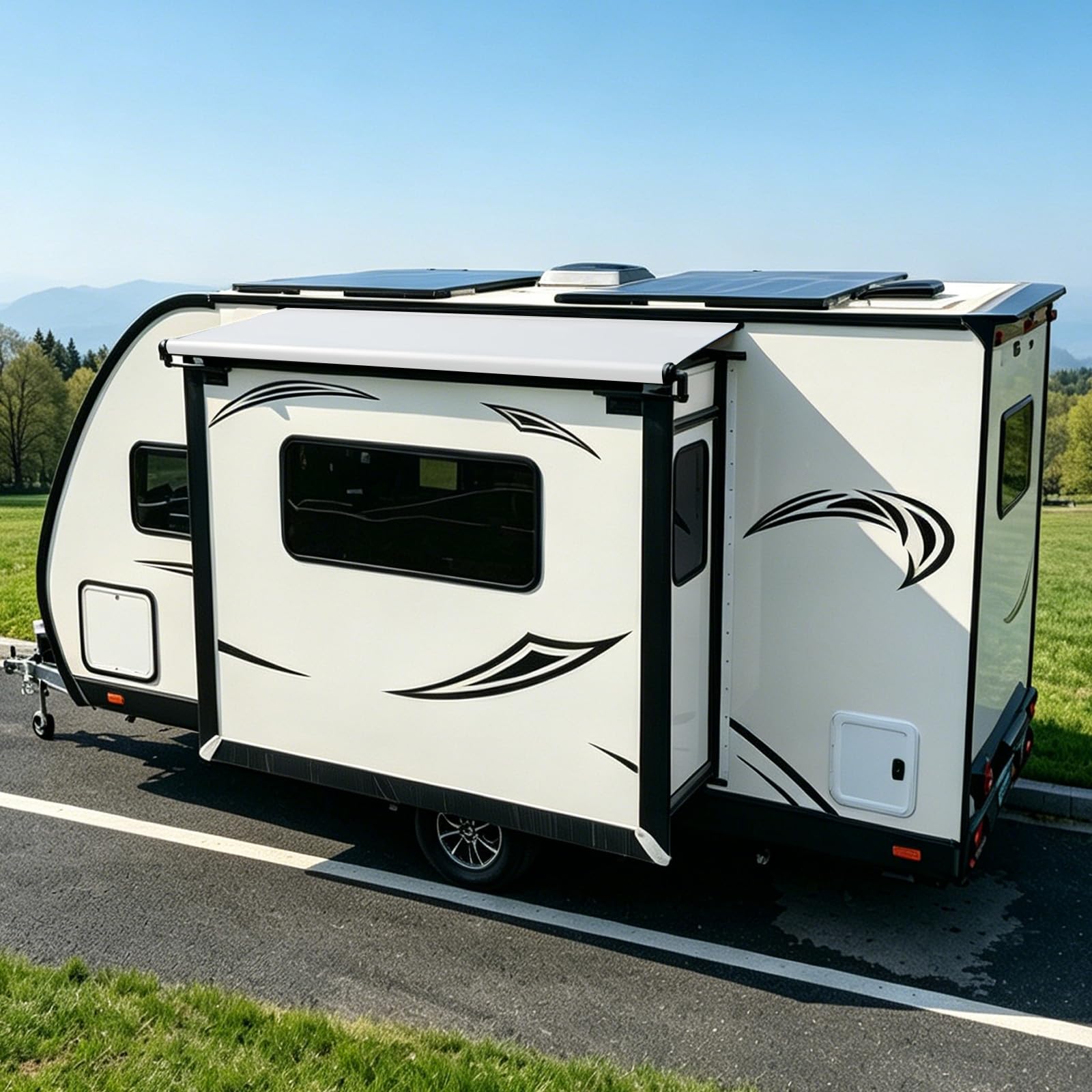 Dulepax awning fabric on RV at campground showcasing improved curb appeal and function