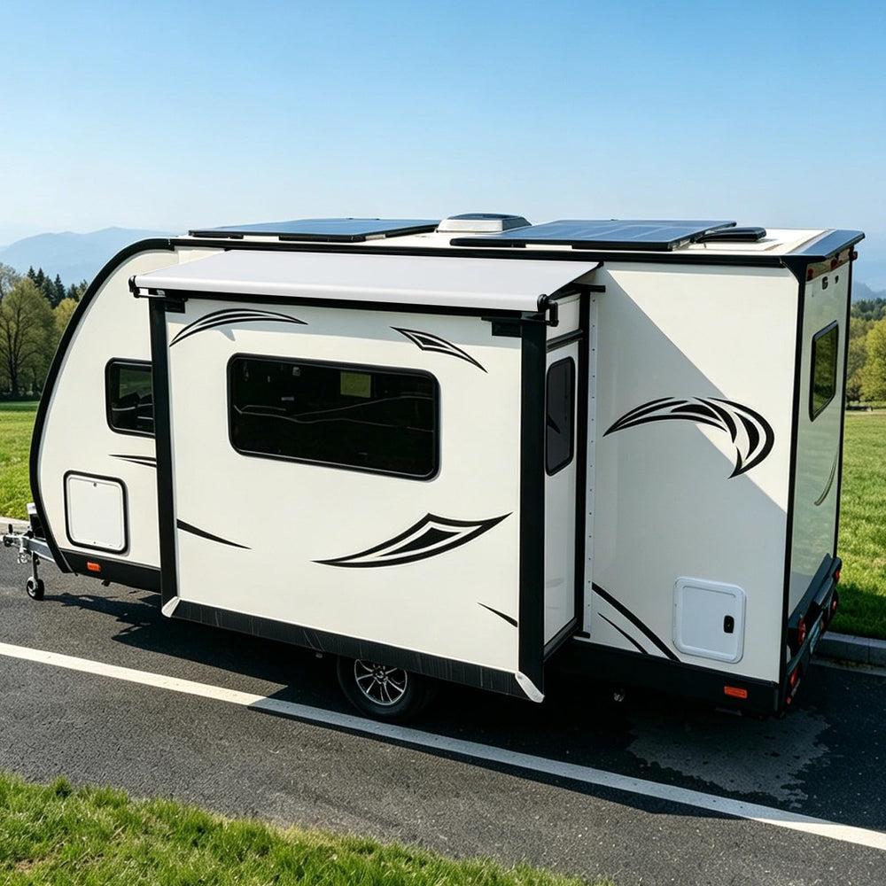 Dulepax awning fabric on RV at campground showcasing improved curb appeal and function