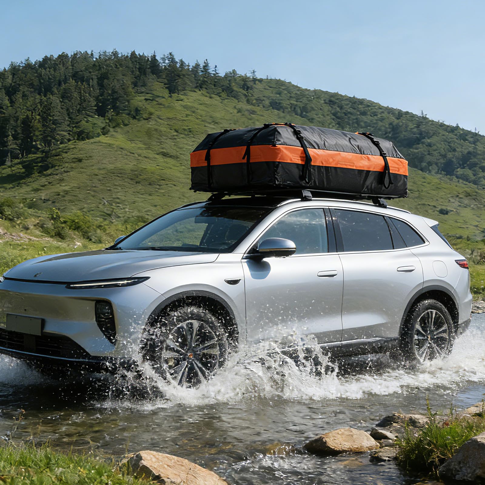 DUMOS rooftop carrier on a family car during roadtrip lifestyle scene promoting convenience