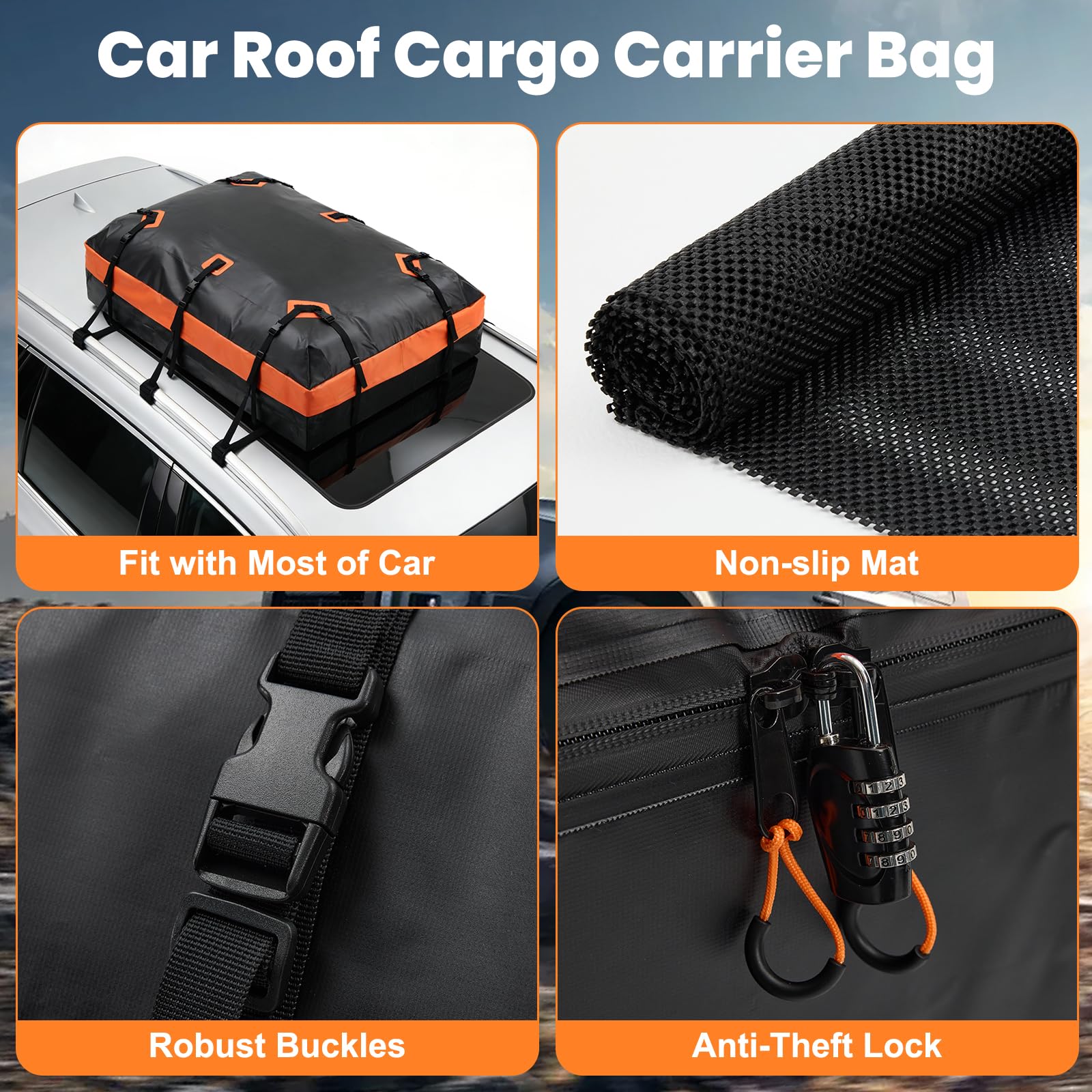 DUMOS rooftop bag beside suitcases showing 15 cu ft capacity and packing potential