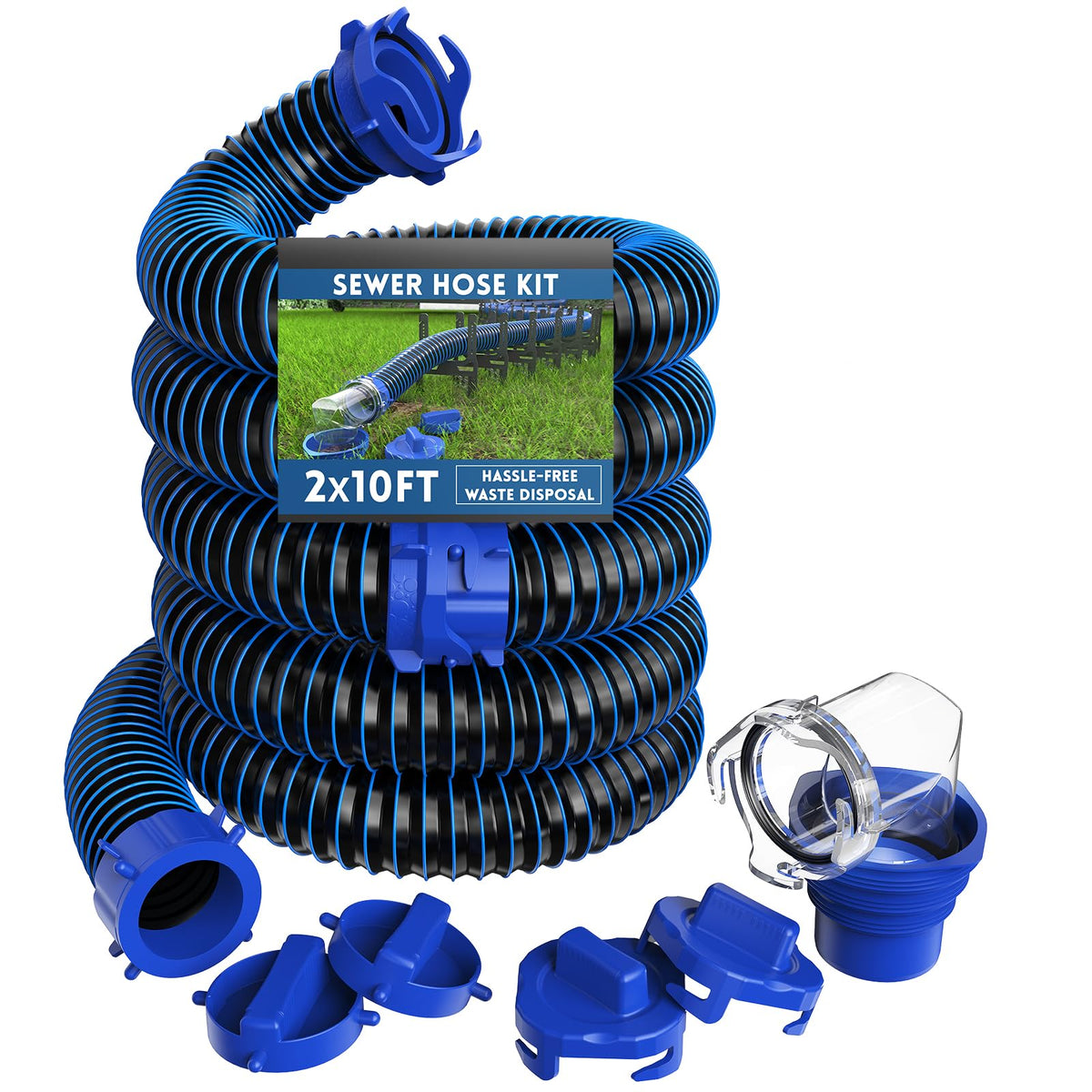 DUMPMAN front packaging showing complete 20 ft RV sewer hose kit and included parts for easy setup