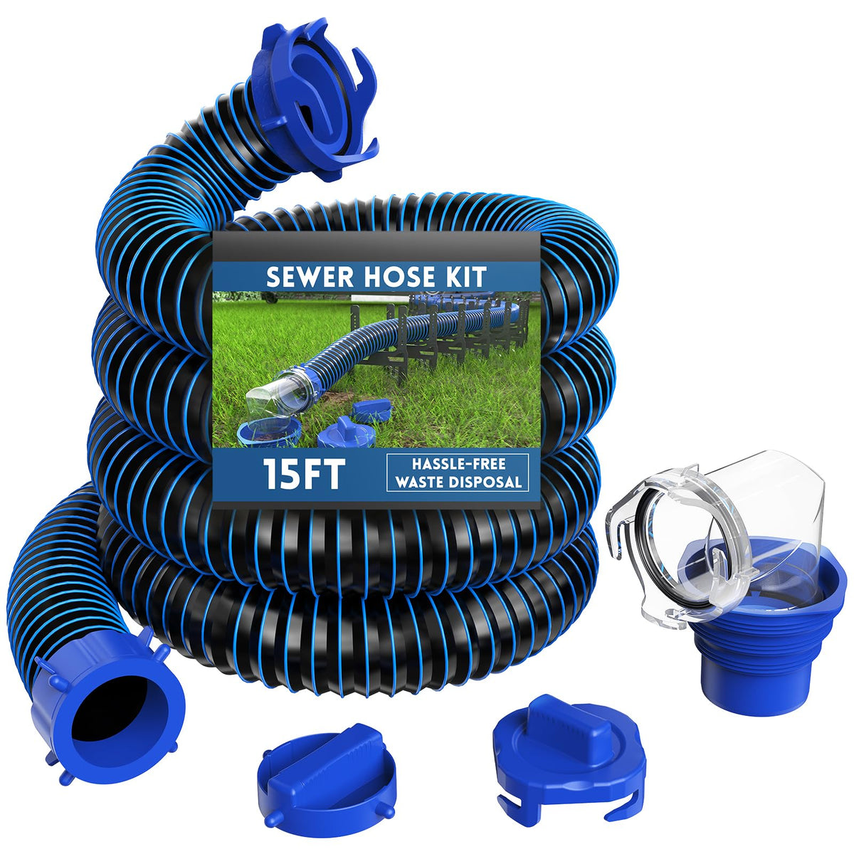 DUMPMAN front packaging showing complete 15 ft RV sewer hose kit and accessories for reliable draining