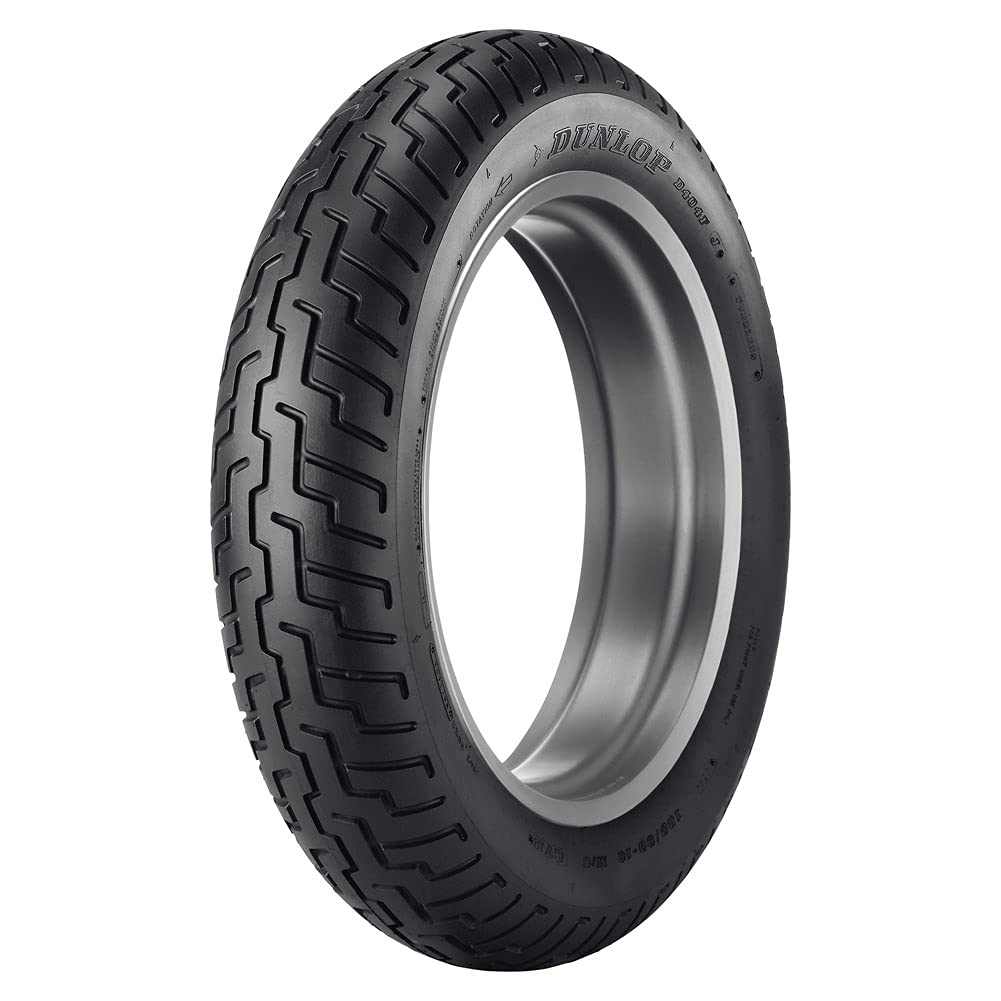 DUNLOP D404 front tire full profile showing shape and road-ready tread benefit