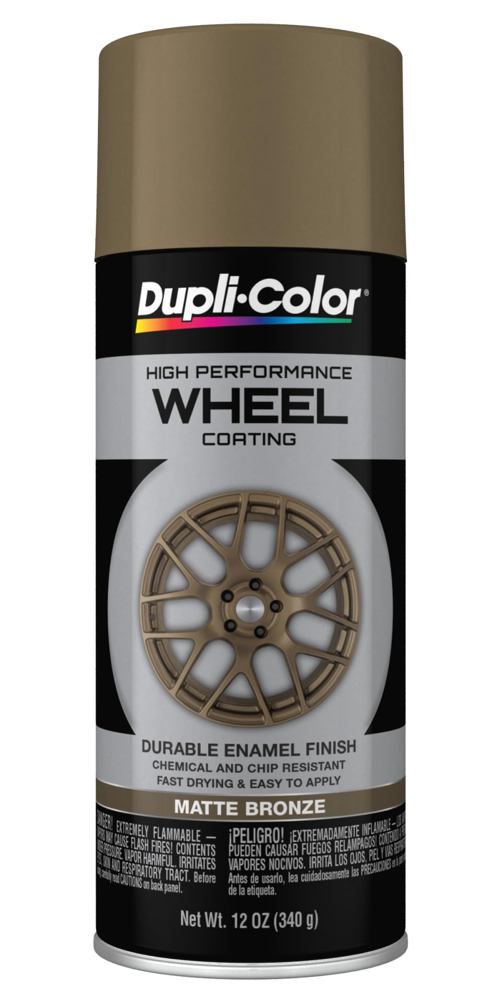 Dupli-Color can front view showing matte bronze label and fast drying benefit