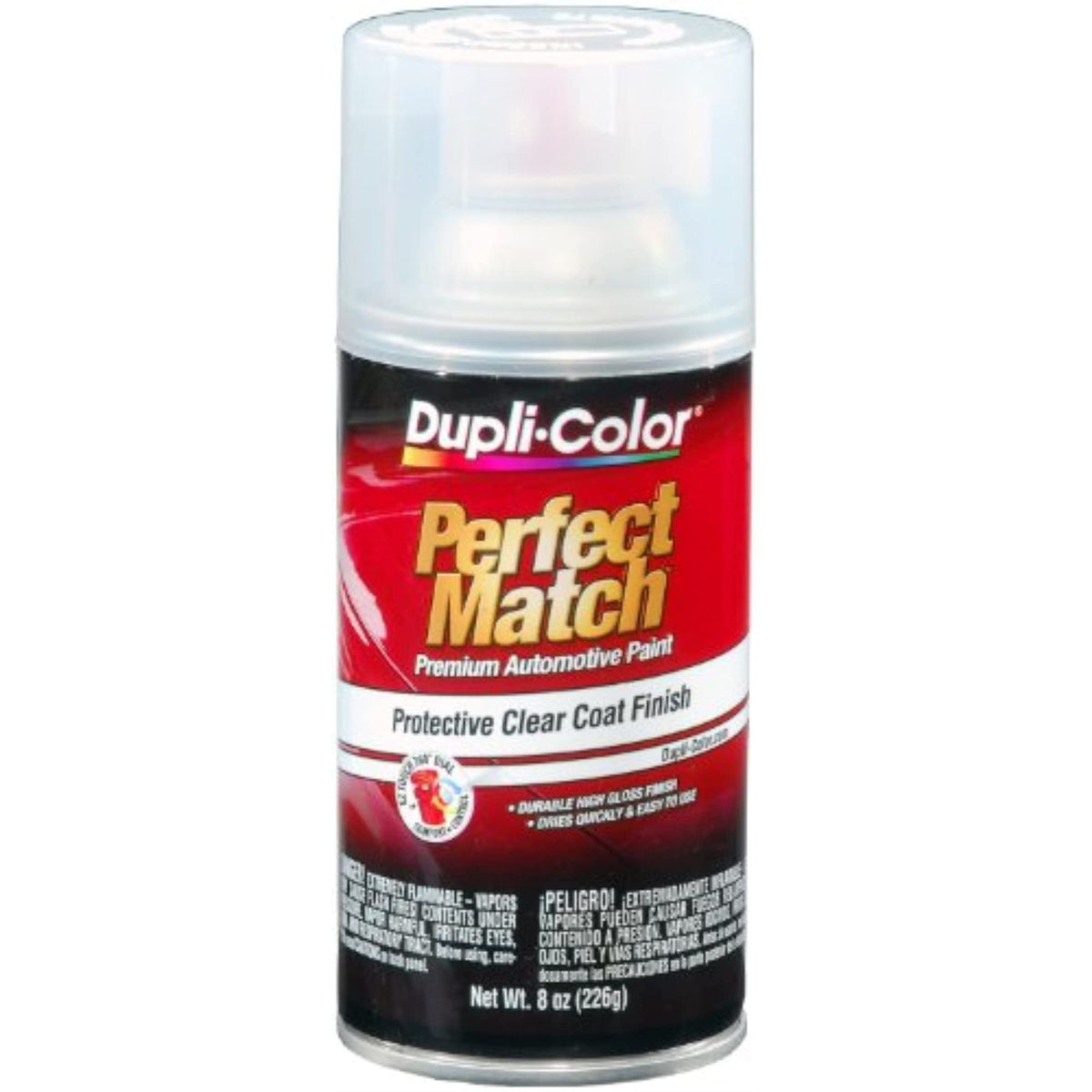 Dupli-Color clear coat aerosol can front view showing label and application benefit