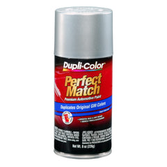 Dupli-Color aerosol can front view showing GM Silver Metallic label and easy use