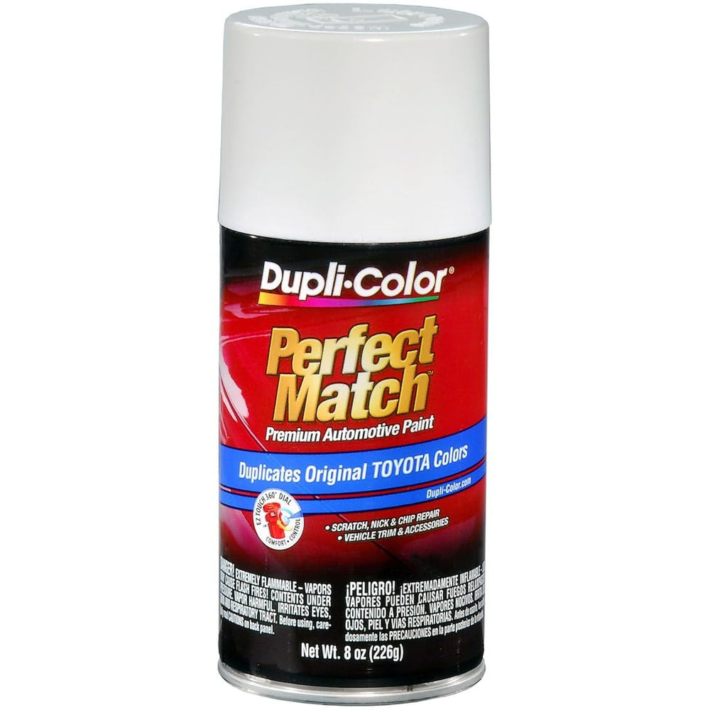 Dupli-Color aerosol front packaging showing Toyota white and ready-to-use finish