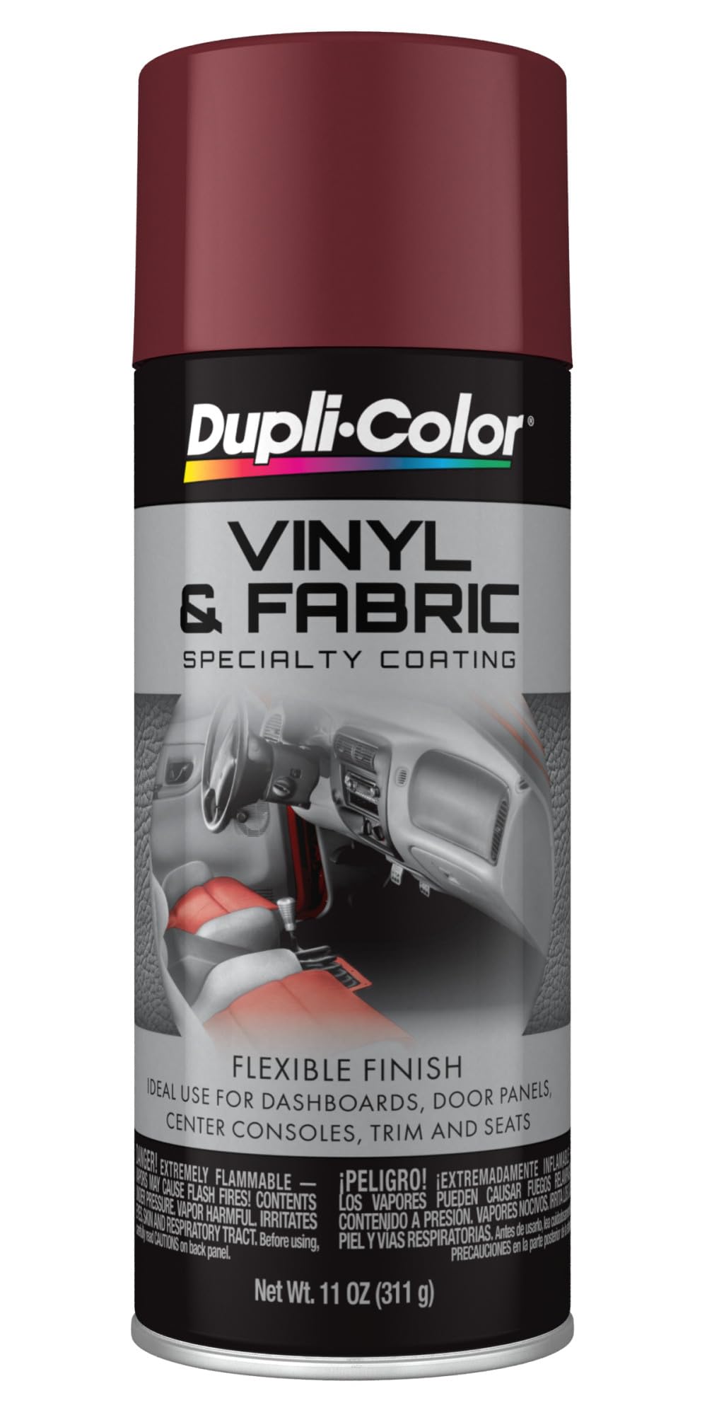 Dupli-Color can front view showing burgundy color and easy use benefit