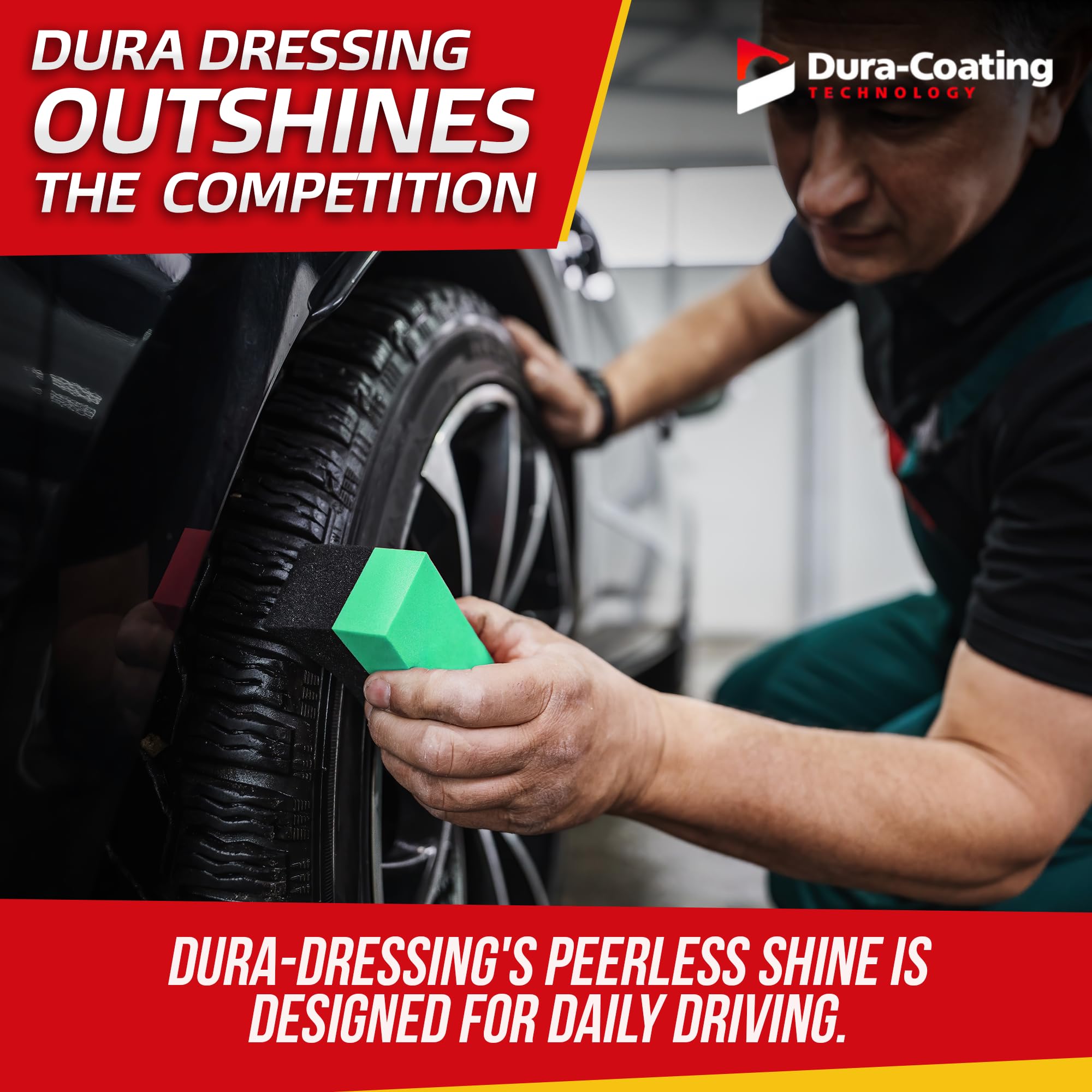 DURA-COATING TECHNOLOGY applying dressing to tire for long-lasting shine