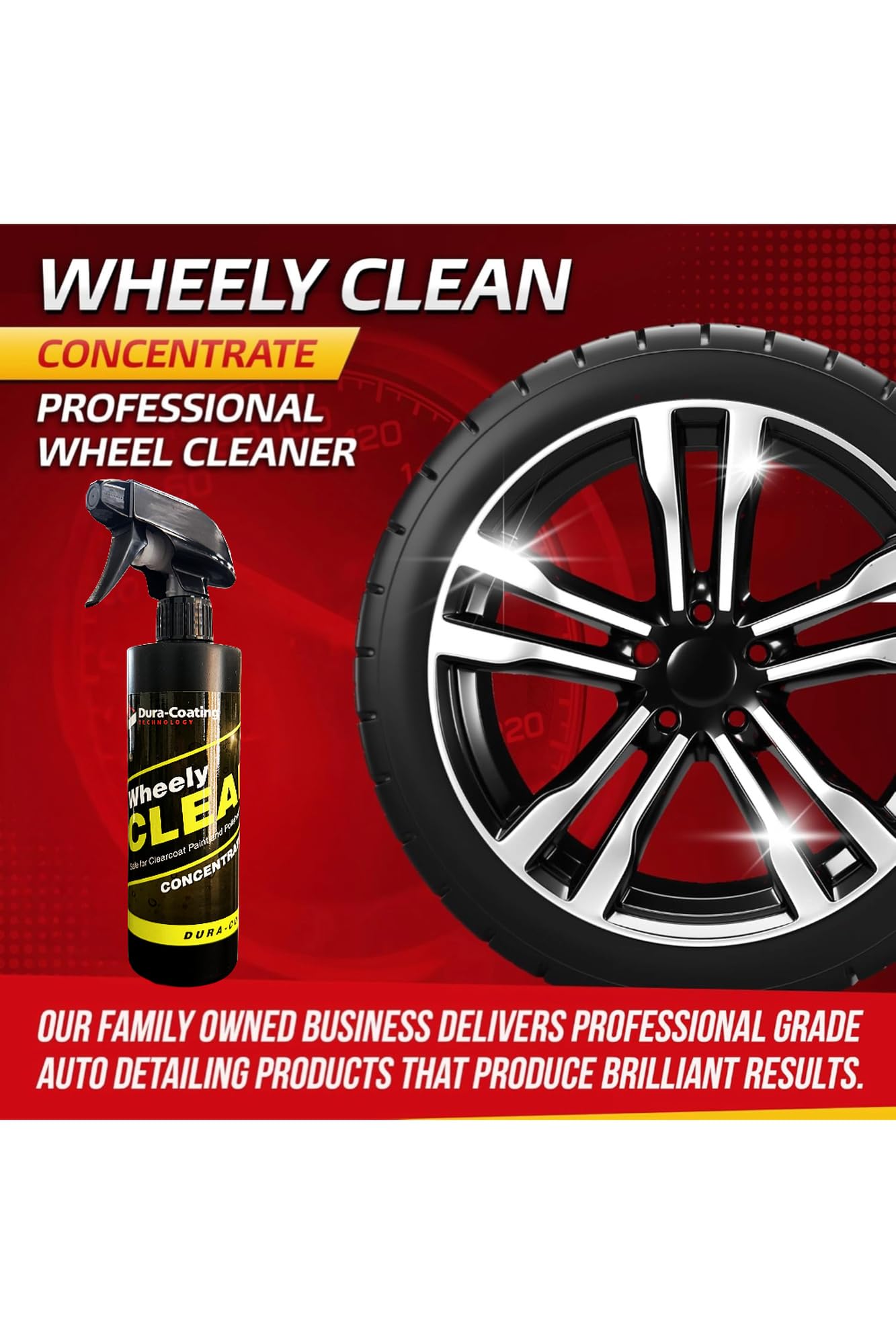 DURA-COATING bottle beside a detailed car showing professional results and portable use for mobile detailers