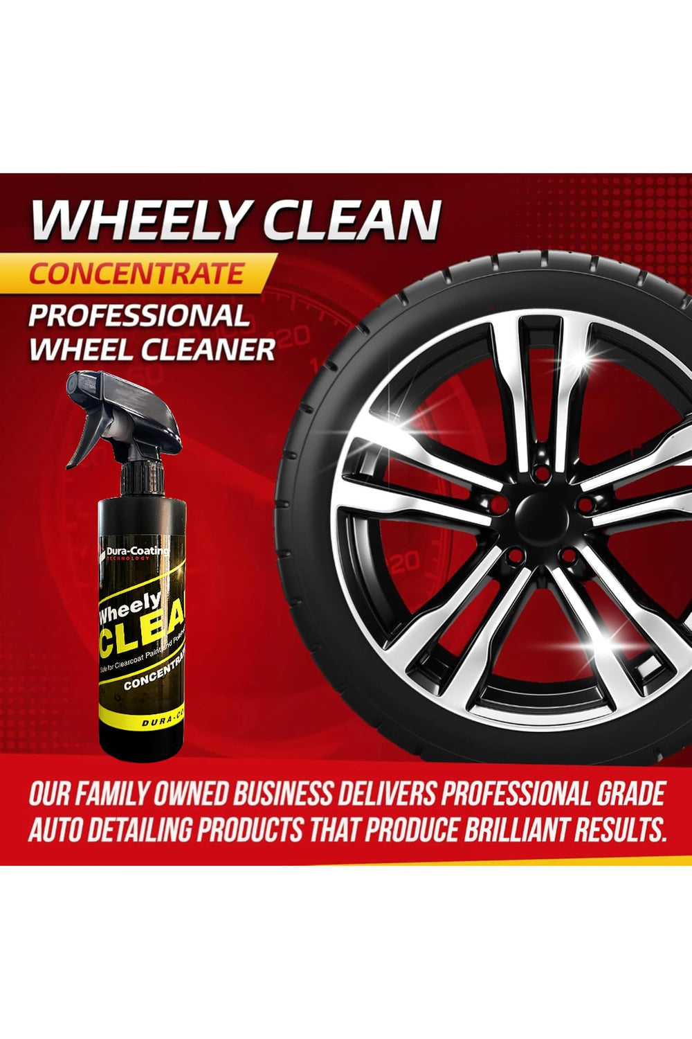 DURA-COATING bottle beside a detailed car showing professional results and portable use for mobile detailers