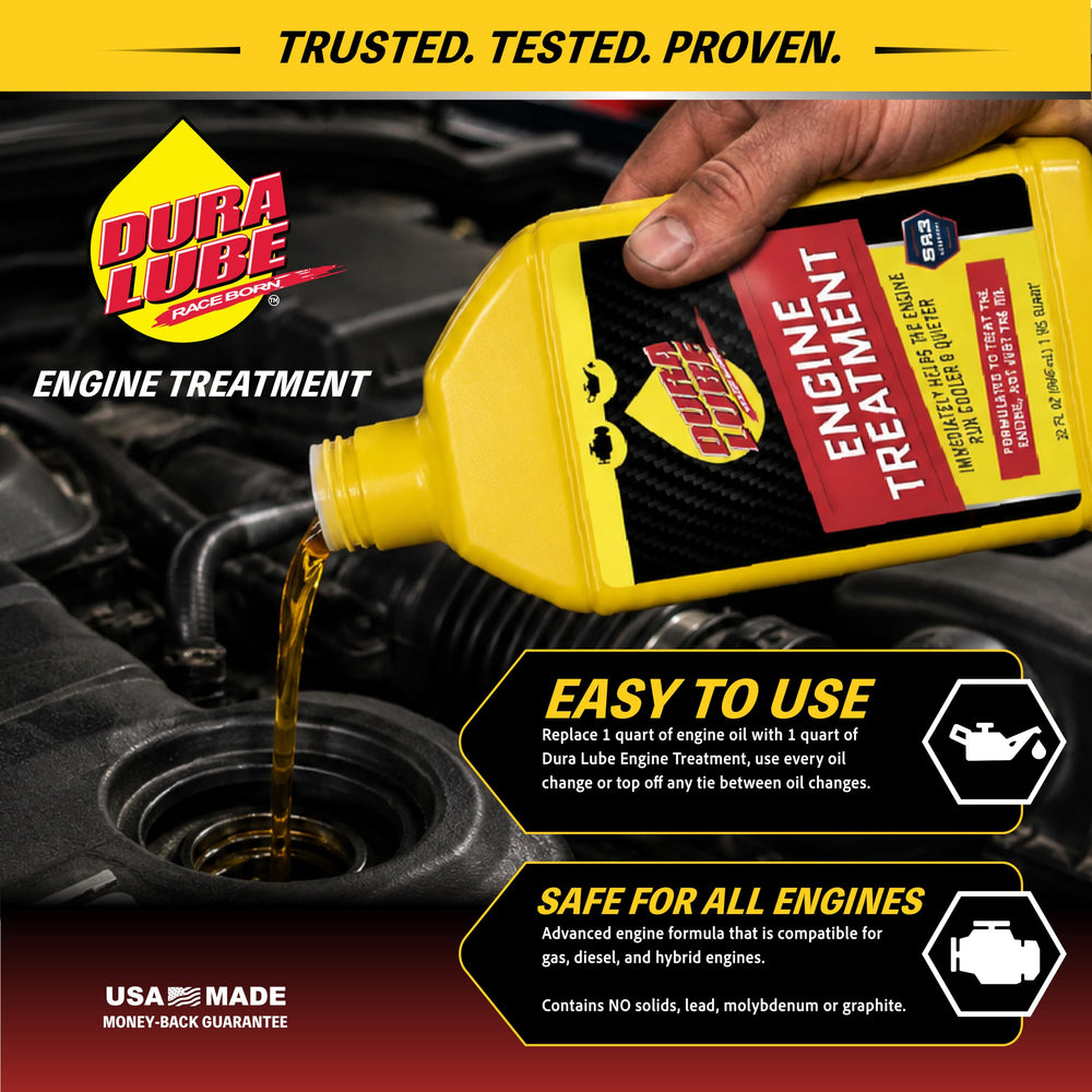 DURA LUBE pouring into engine oil fill demonstrating easy application