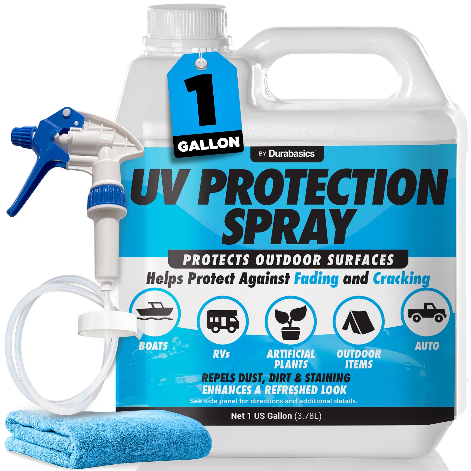 Durabasics bottle and towel front view showing included sprayer and kit benefit