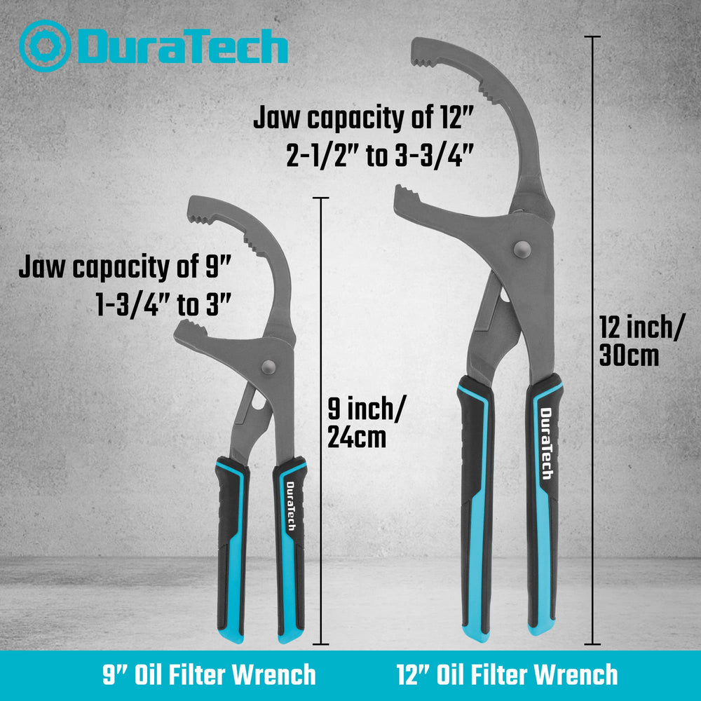 DURATECH 9 inch and 12 inch pliers displayed side by side for size clarity