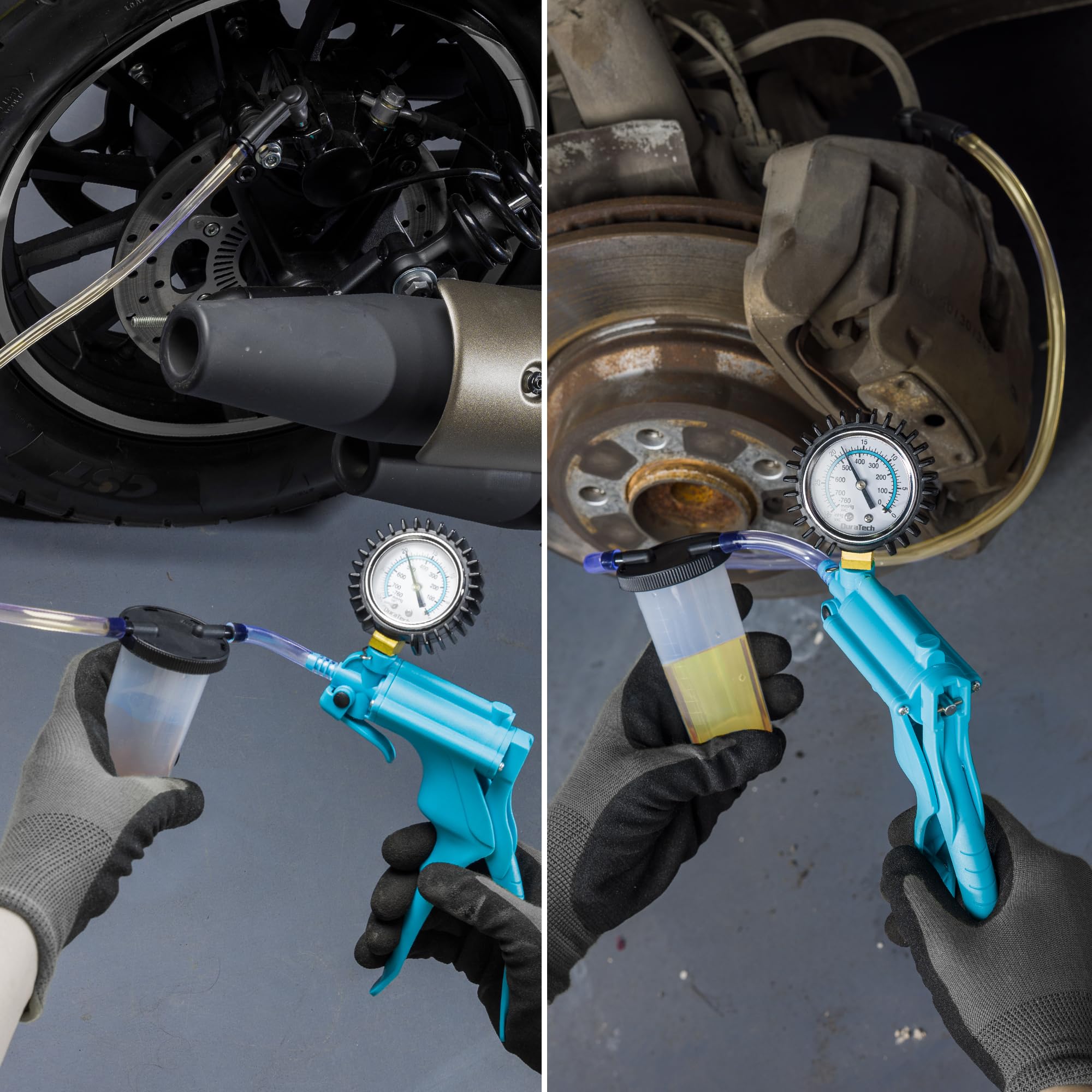 DURATECH pump in use on a vehicle brake bleeder showing safe controlled fluid extraction